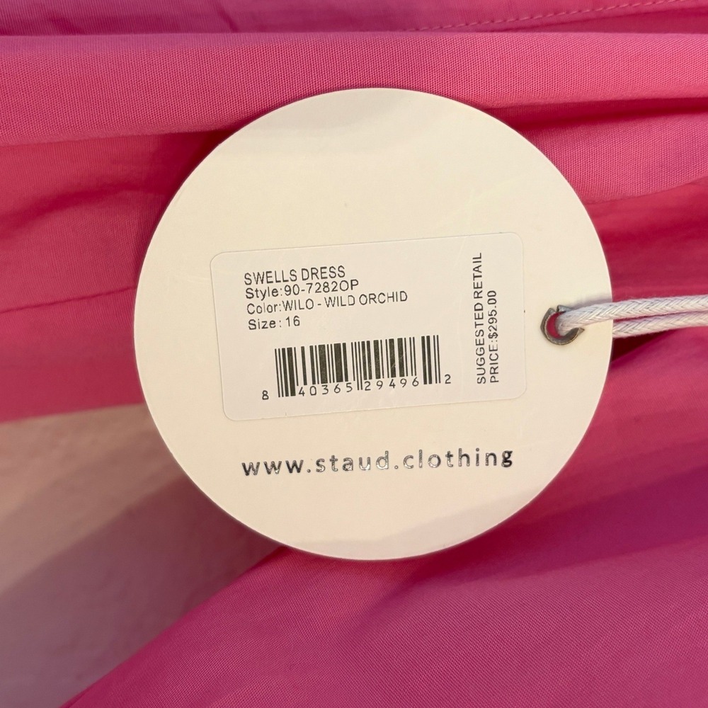 STAUD Swells Dress 16 Midi Puff Sleeve Cotton Poplin Wild Orchid Wedding FLAW - Picture 7 of 16